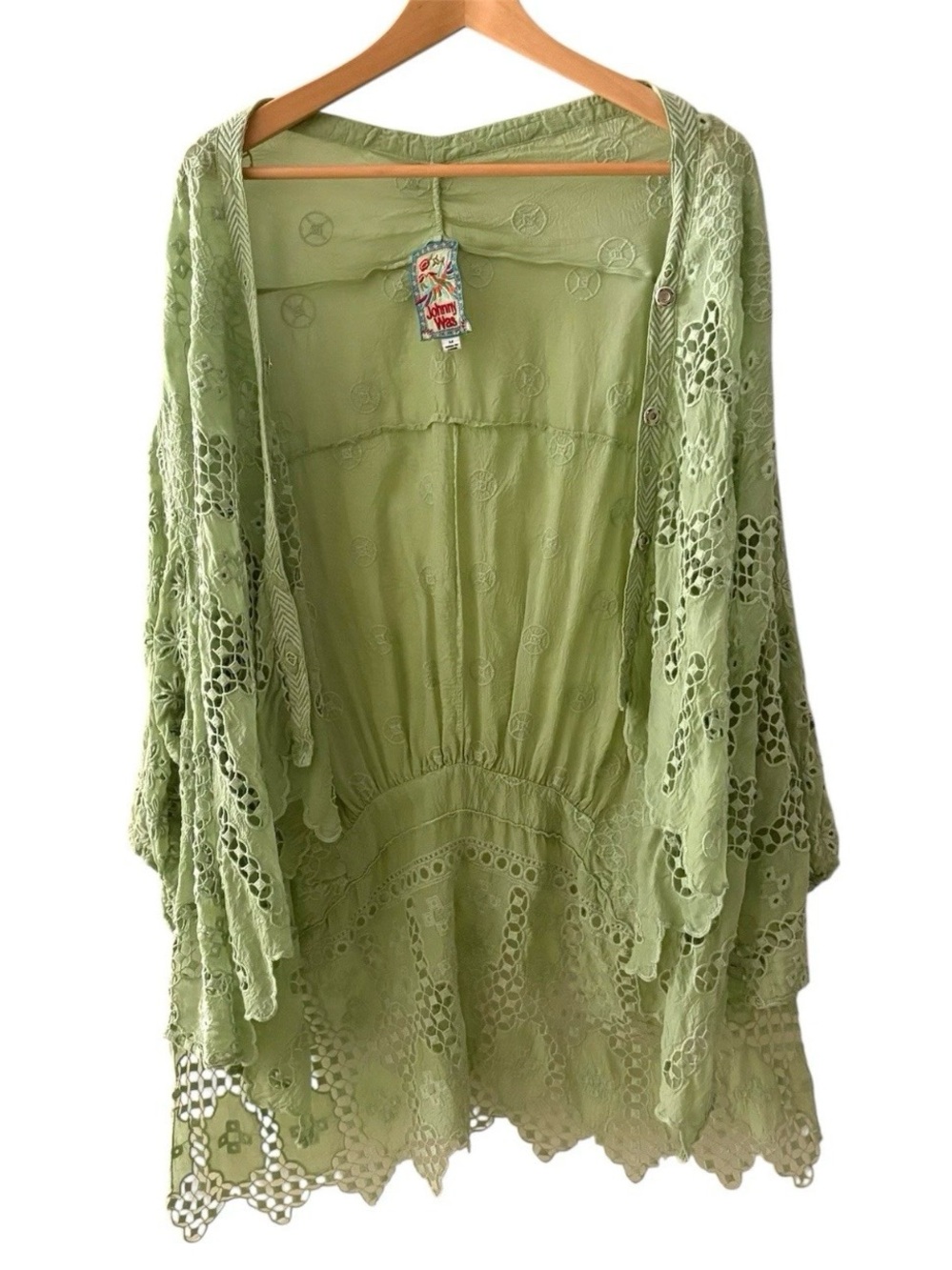 Johnny Was Baez Salacia Kimono Top Sage Green M Eyelet Embroidered Boho Hippie